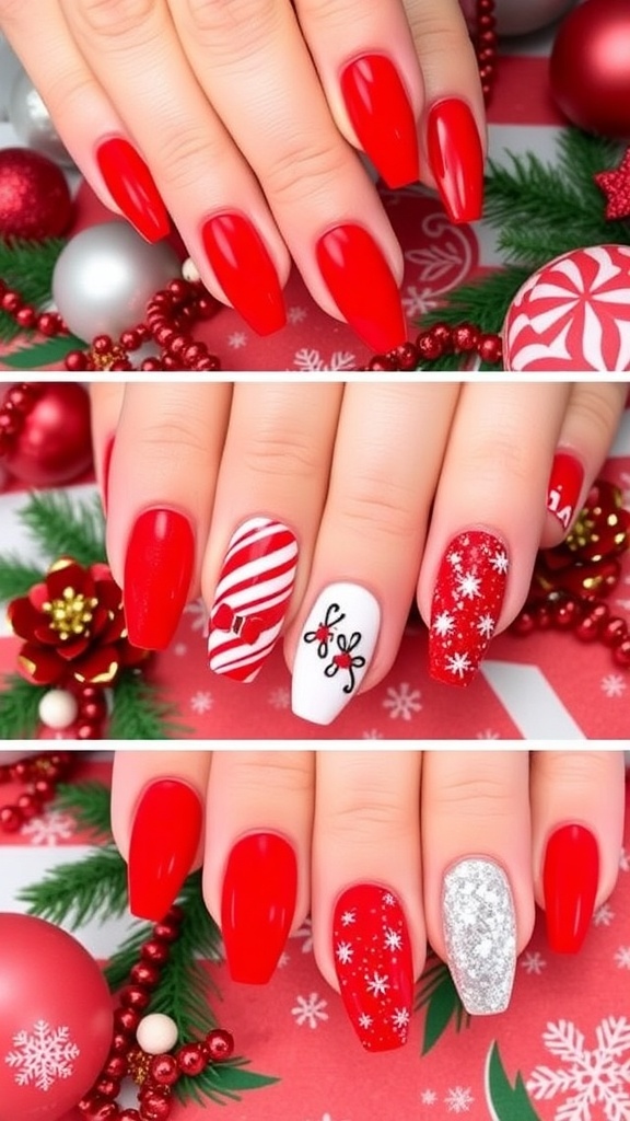 Festive Red Christmas Nail Designs for Teens A variety of red Christmas nail designs including solid red, stripes, and snowflakes on a festive background.